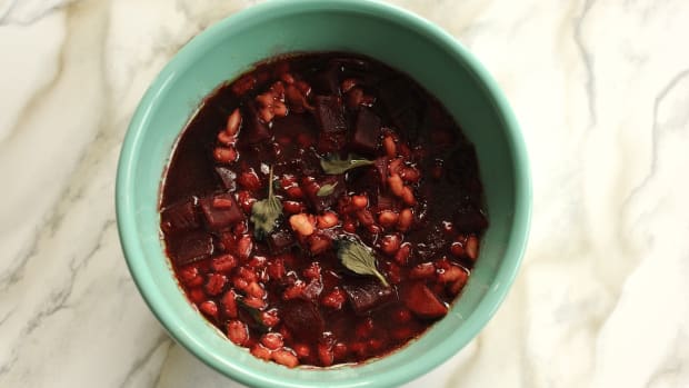 mushroom barley soup with cubed beets