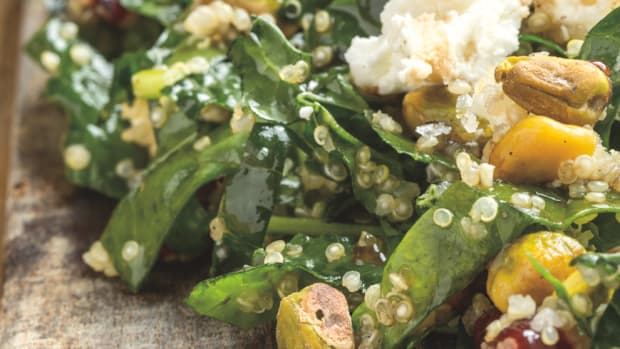 Millet and Lacinato Kale Salad Recipe with Dried Sour Cherries, Pistachios, and Chèvre