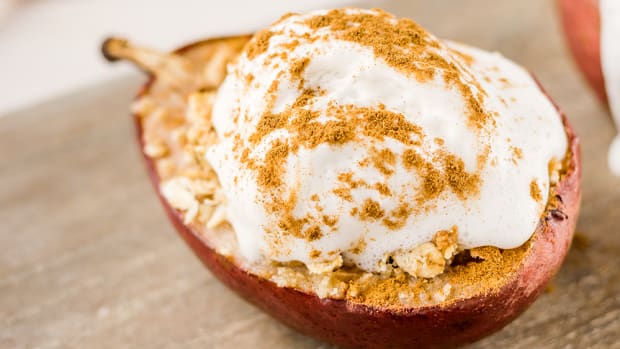 Vegan Baked Pears with an Gluten-Free Crumble and Coconut Whipped Cream