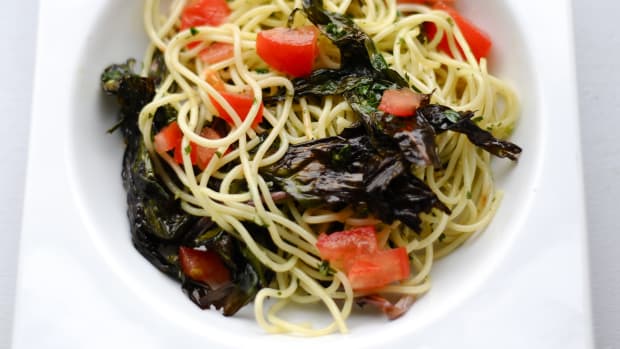 spaghetti with ramps and tomatoes