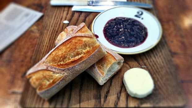 A snack of jam and bread.