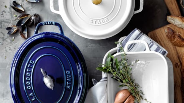 Staub Enameled Cast Iron in blue and white.