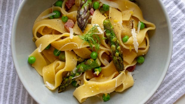 Pappardelle Pasta with Pancetta, Peas, and Asparagus
