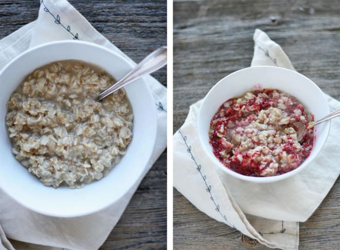 how to cook delicious oatmeal every time. Here's a bowl of plain oatmeal next to oatmeal with ham and nut butter.