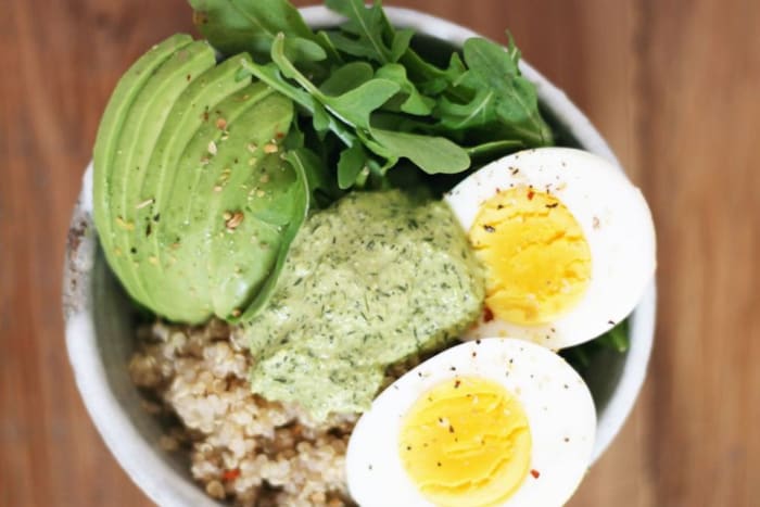 breakfast bowl with magic green sauce