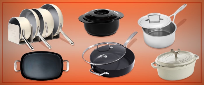 Non toxic cookware pots and pans against an orange background.