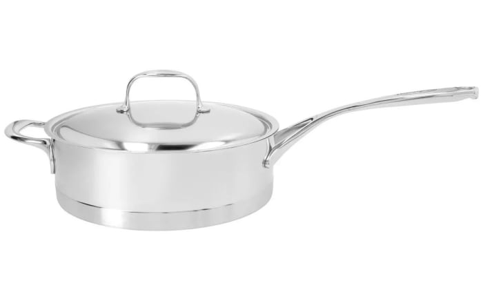 Demeyere Atlantis 9.5" saute pan with helper handle and lid.