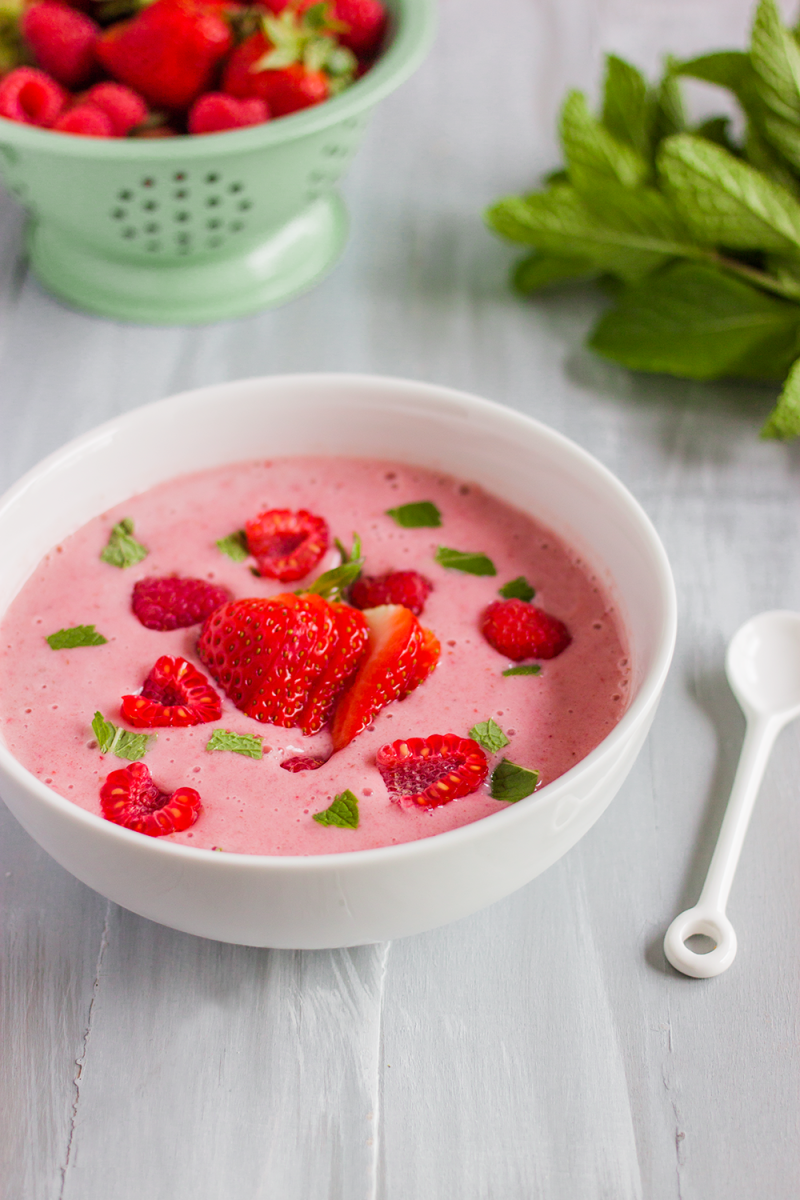 Spring Smoothie Bowl with Strawberries, Raspberries, and Mint