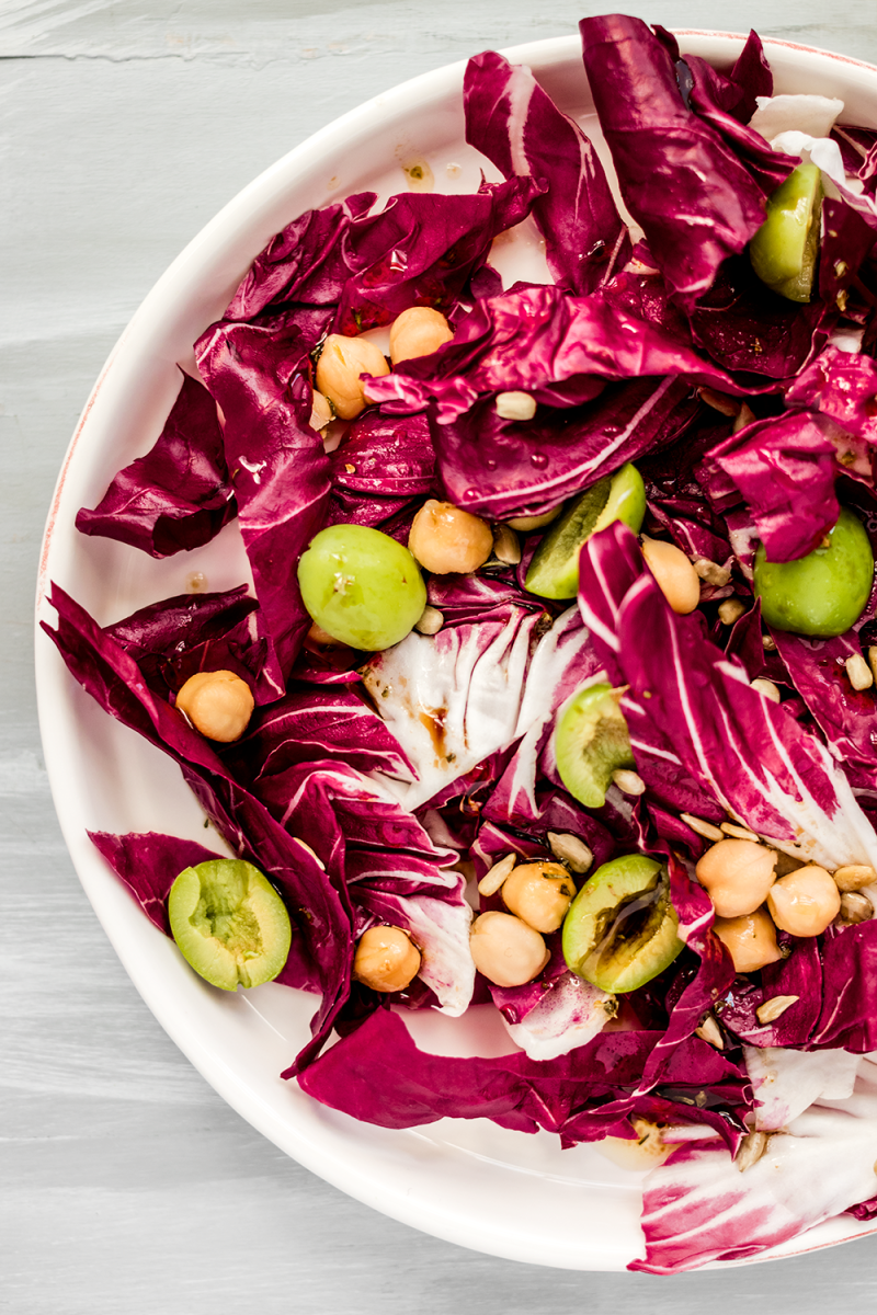 Vegan Radicchio Salad Recipe with Chickpeas, Green Olives, and Balsamic Dressing