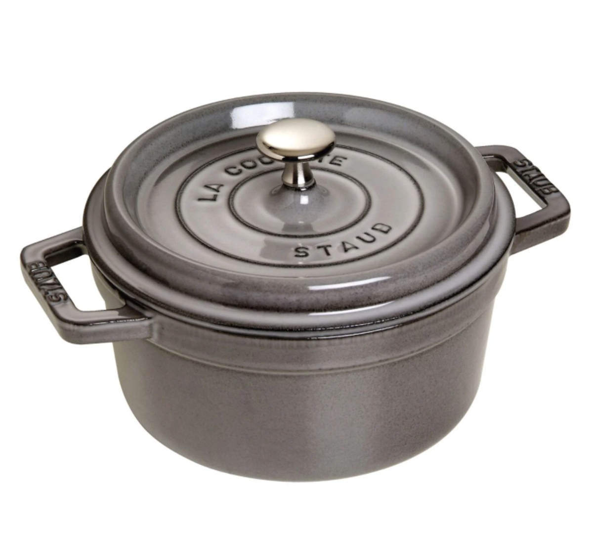 Staub 2.75 QT enameled Cast Iron Cocotte in grey.