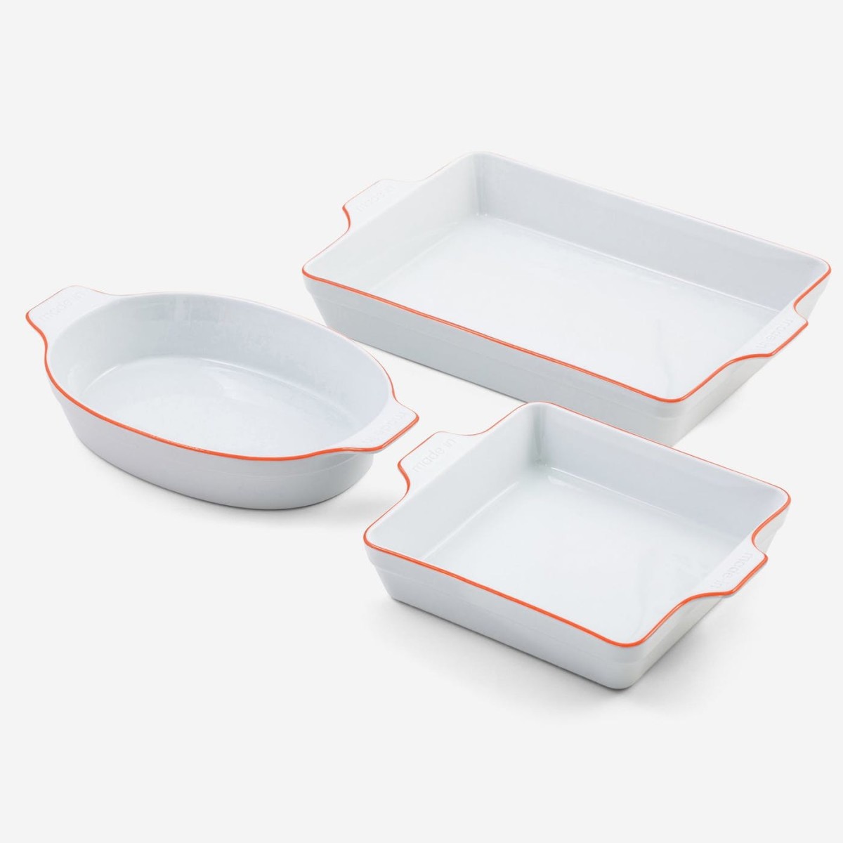 Made In 3 piece porcelain bakeware in white with red trim.