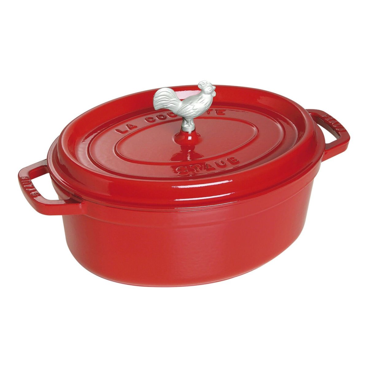 5.5. QT Oval Staub Cocotte in Cherry color with rooster lid.