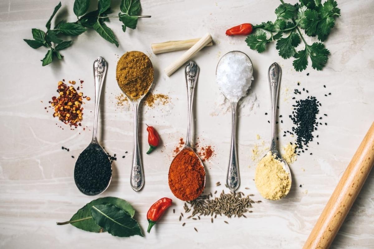 Different spices in teaspoons are used to balance out flavors of any dish