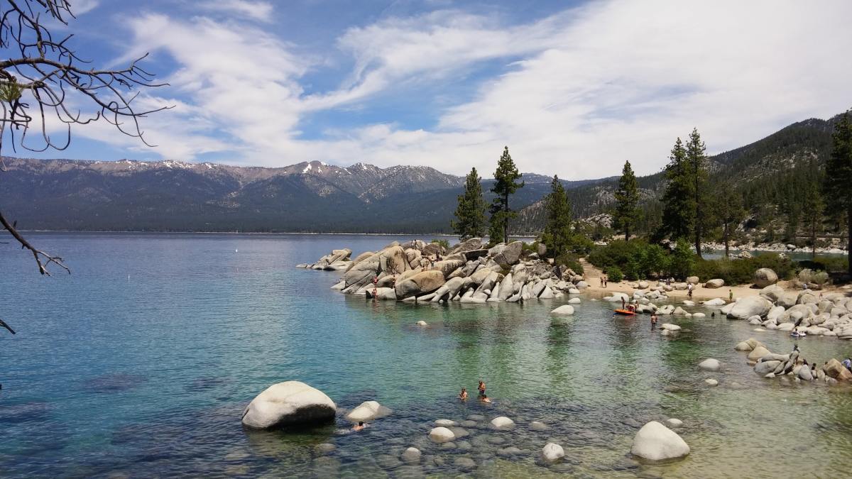 Lake Tahoe with swimmers and beach