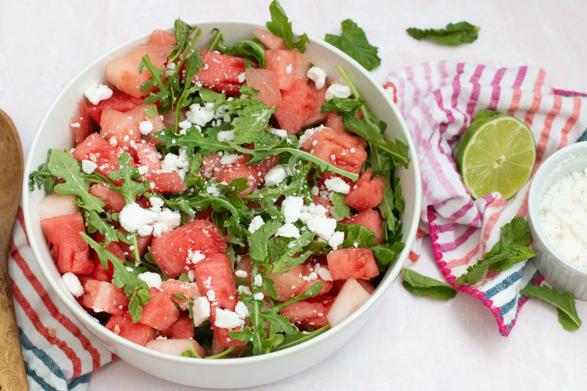 Watermelon salad recipe with feta and arugula