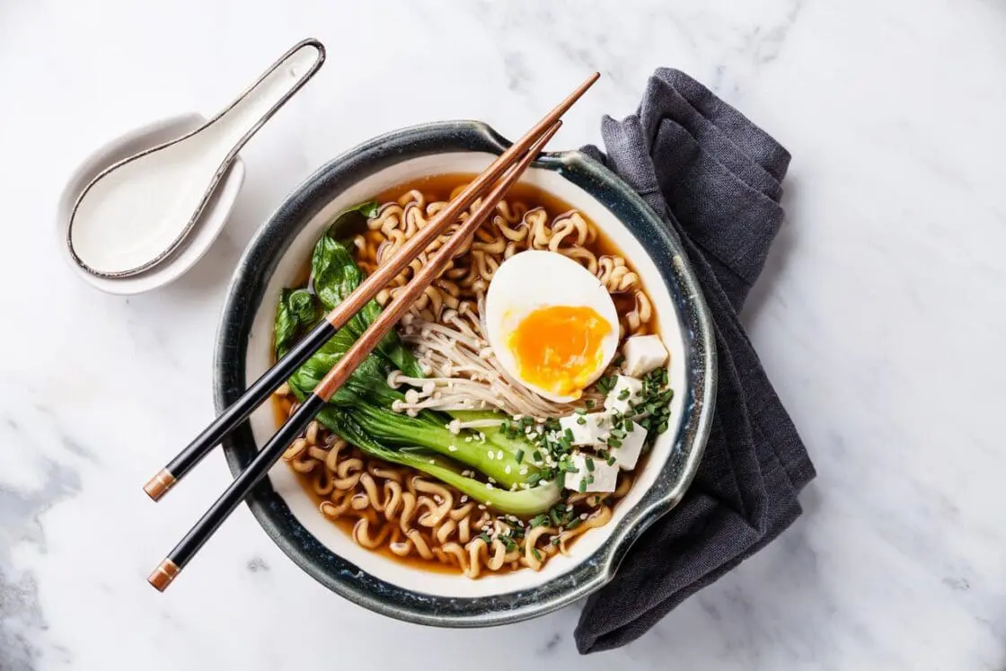 Miso Ramen Asian noodles with egg, enoki and pak choi