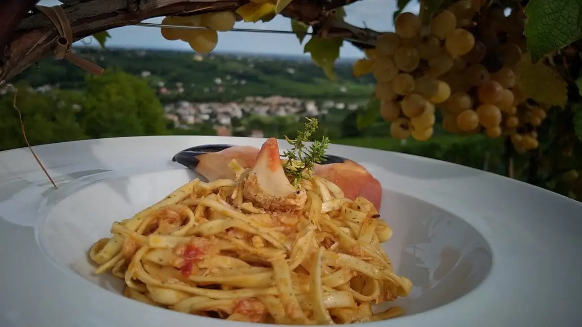 Pasta with seafood and tomato sauce overlooking an Italian vineyard town
