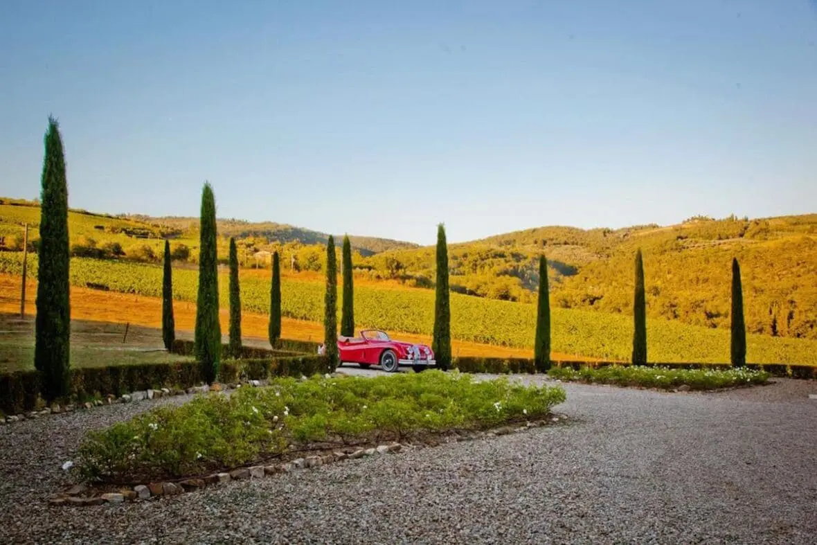 Red vintage car parked among cypress trees in a Tuscan vineyard landscape