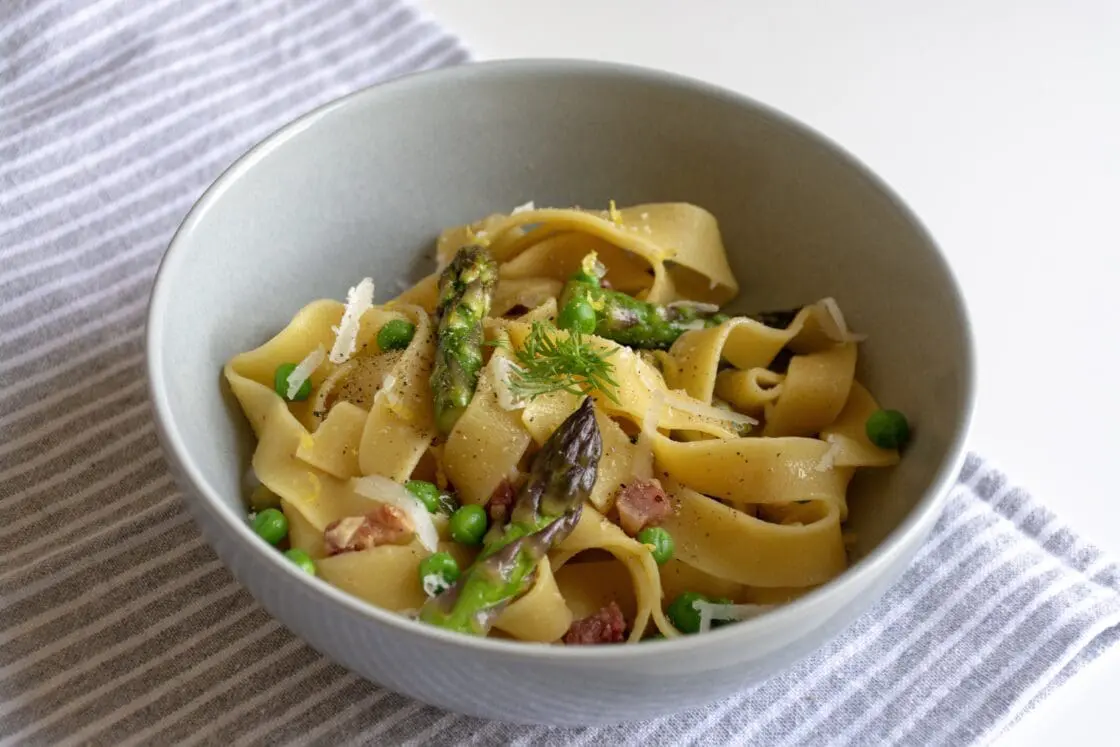 Pappardelle Pasta with Pancetta, Peas, and Asparagus