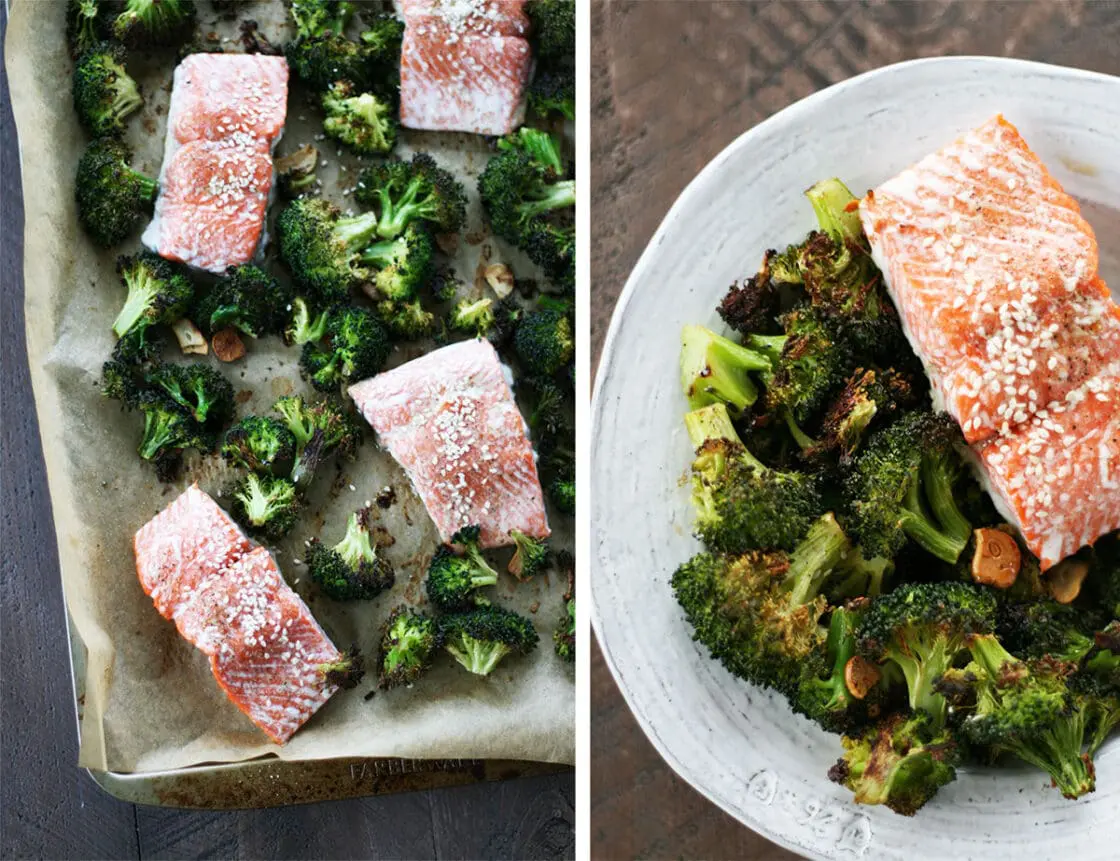 Asian Salmon with broccoli on sheet pan with parchment paper.