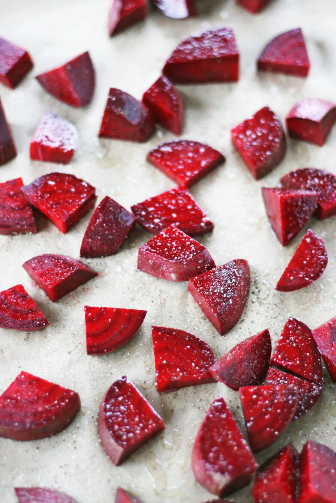 roasted beets on sheet pan with parchment paper