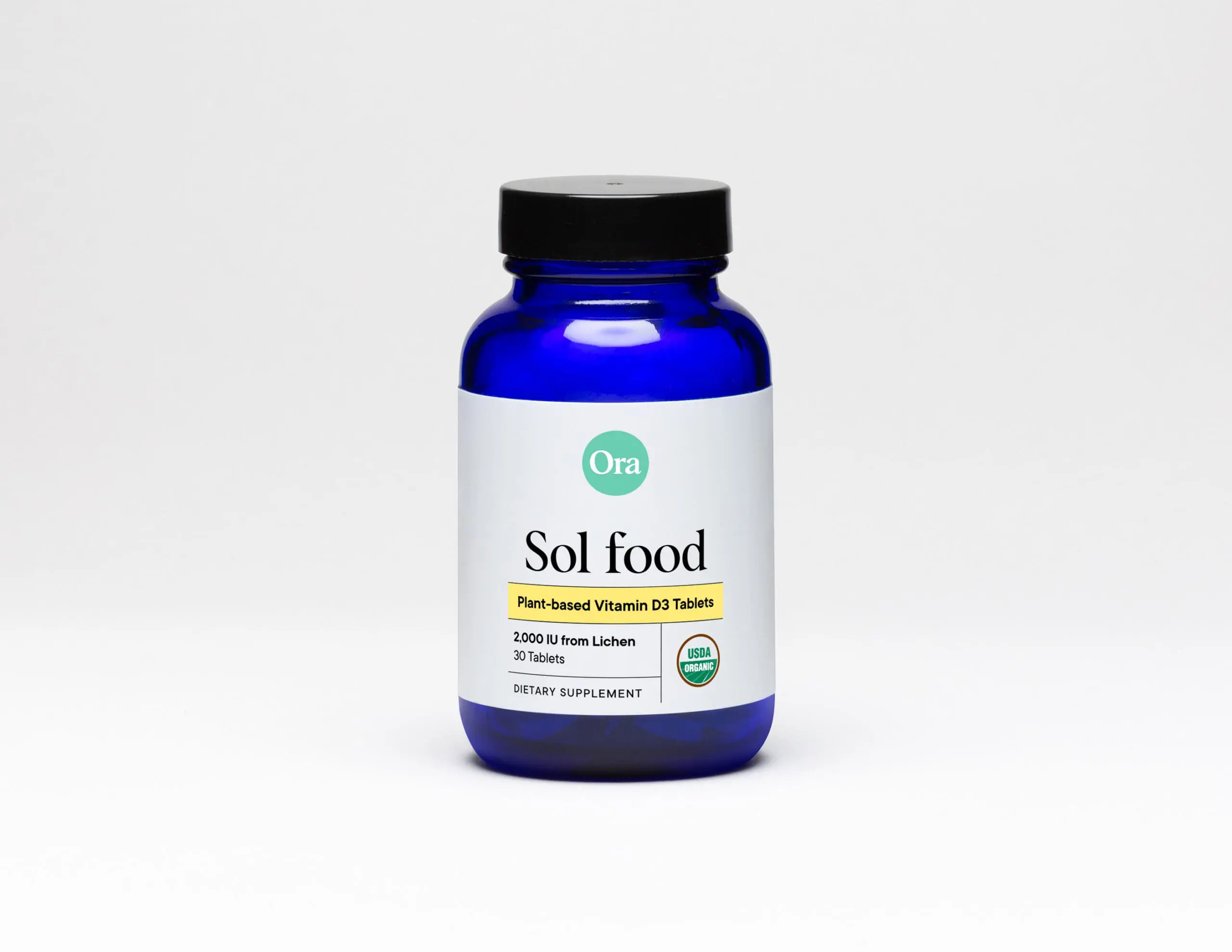 Ora Sol food plant-based Vitamin D3 supplement bottle with USDA Organic certification