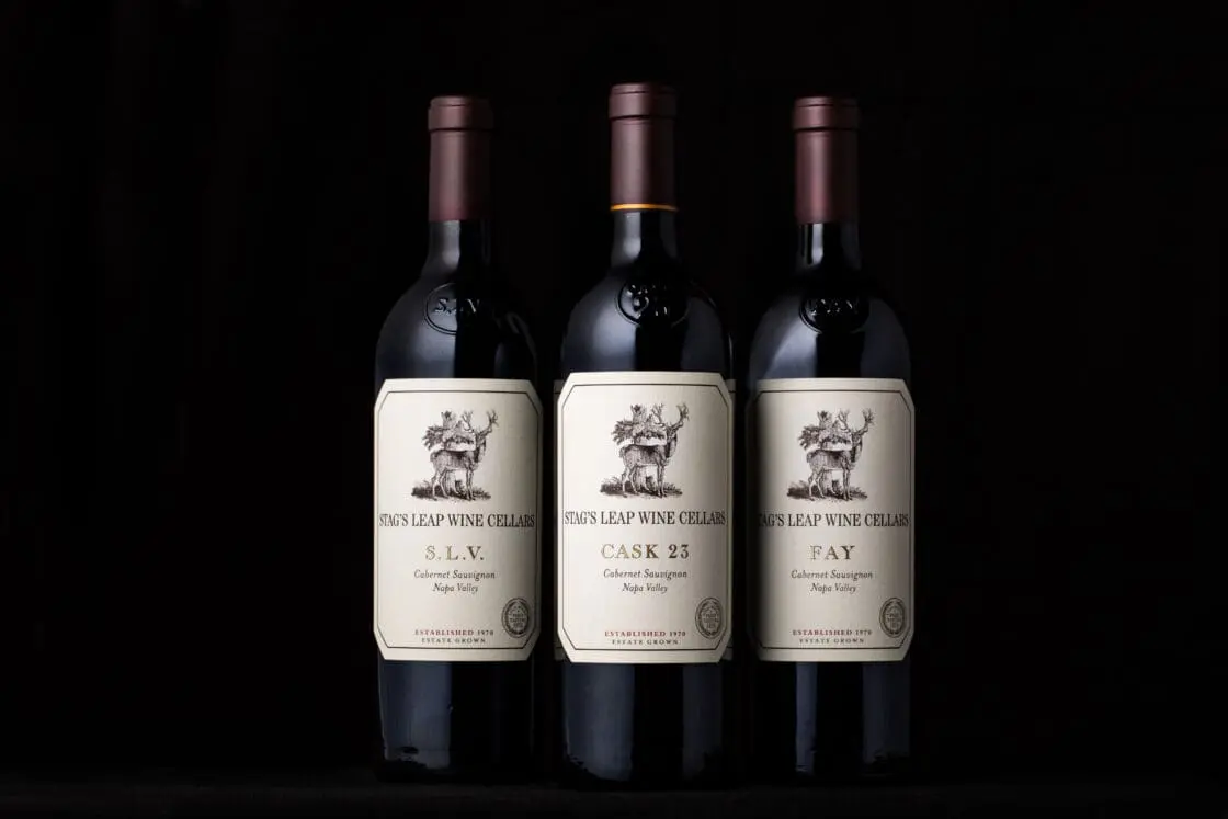 Image of 3 bottles of red wine, with Stag's Leap Wine Cellars labels reading "SLV, Cask 23, and Fay"