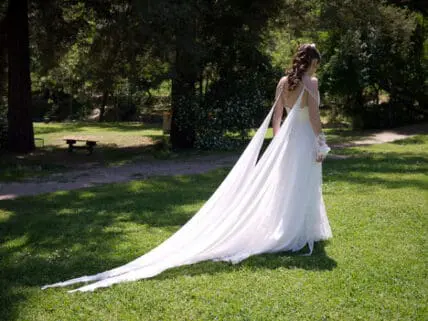 Bride walking outside