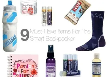 Nine essential travel items including water bottle, skincare products, socks, notebook, and