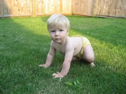Toddler in yellow diaper crawling on grass in backyard