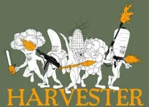 Cartoon characters wielding vegetables and farming tools labeled "Harvester