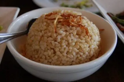 Bowl of cooked brown rice with crispy fried onions on top