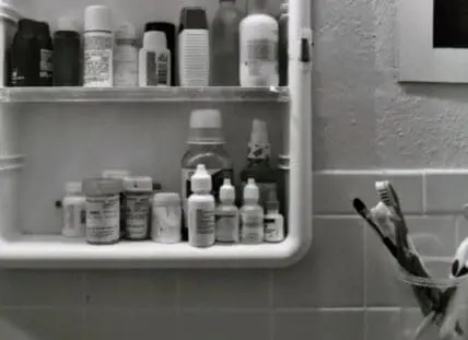 Organized bathroom medicine cabinet with skincare and health products on shelves and brushes in a
