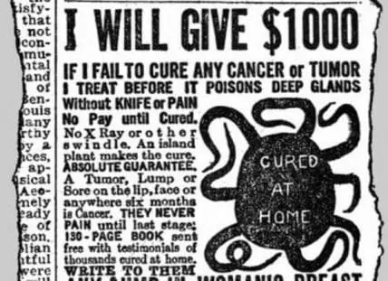 Vintage medical advertisement claiming to cure cancer for $1000 with guarantee