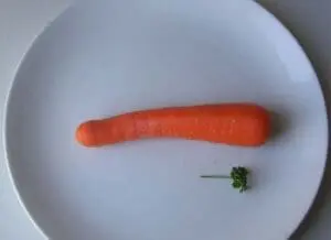 A whole carrot and fresh herb sprig on a white plate