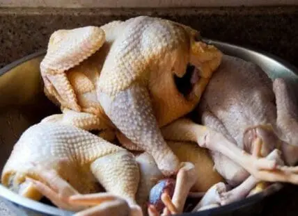 Raw whole chickens in a metal bowl