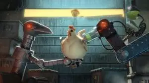 Animated chicken surrounded by mechanical farming equipment in industrial setting