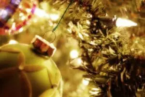 Close-up of ornaments and lights on a decorated Christmas tree branch