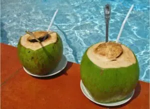 Two young green coconuts with straws served poolside