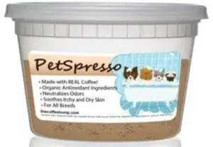 PetSpresso organic coffee dog shampoo container with product label and gray lid