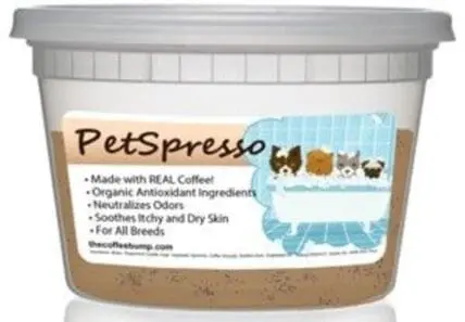 PetSpresso organic coffee dog shampoo container with product label and gray lid