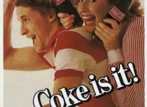 Vintage Coca-Cola advertisement featuring people holding bottles with "Coke is it!" tagline