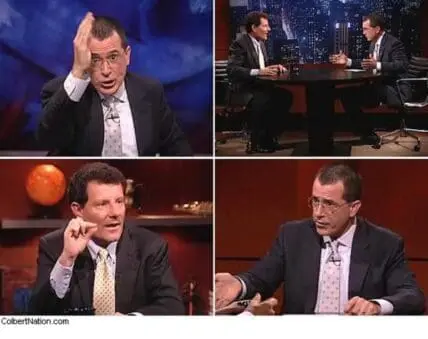 Four panel screenshot from a television interview or talk show set
