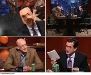 Michael Pollan and Stephen Colbert during a late-night talk show interview