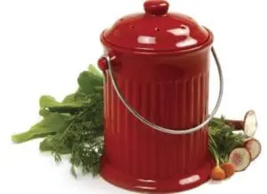 Red ceramic compost container with vegetable scraps and fresh produce
