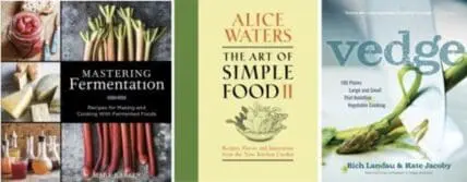 Four cookbook covers including Mastering Fermentation, Alice Waters' The Art of Simple Food III
