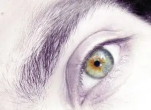Close-up illustration of a blue-green eye with golden inner ring and dark pupil