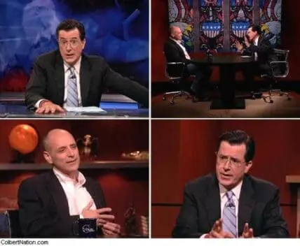 Four screenshots from Colbert Report episodes featuring interview and desk scenes