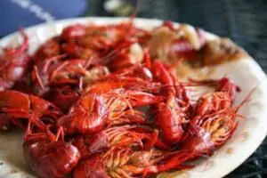 Boiled crawfish served on a white plate