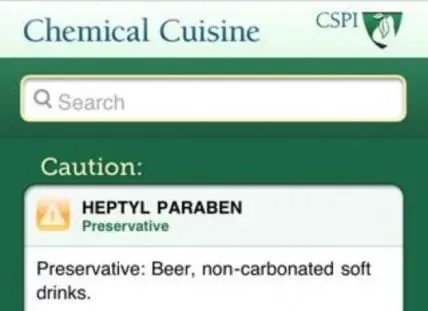 Chemical Cuisine app showing heptyl paraben preservative warning label